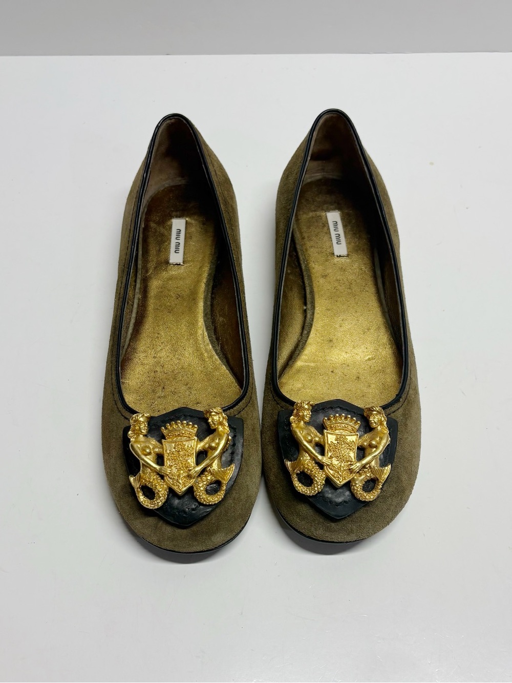 Miu Miu Olive Suede Flats with Gold Crest Emblem